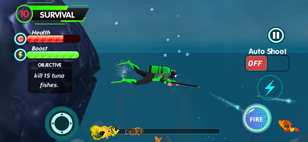 Deep Blue Fish Survival 2025 - A scuba diver hunting fish with a speargun in the Deep Blue Fish Survival 2025 game.
