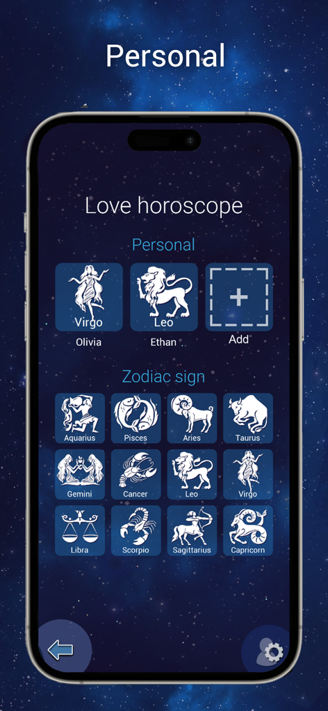 My daily horoscope 2025 - Love horoscope interface showing zodiac signs and personal profile options.