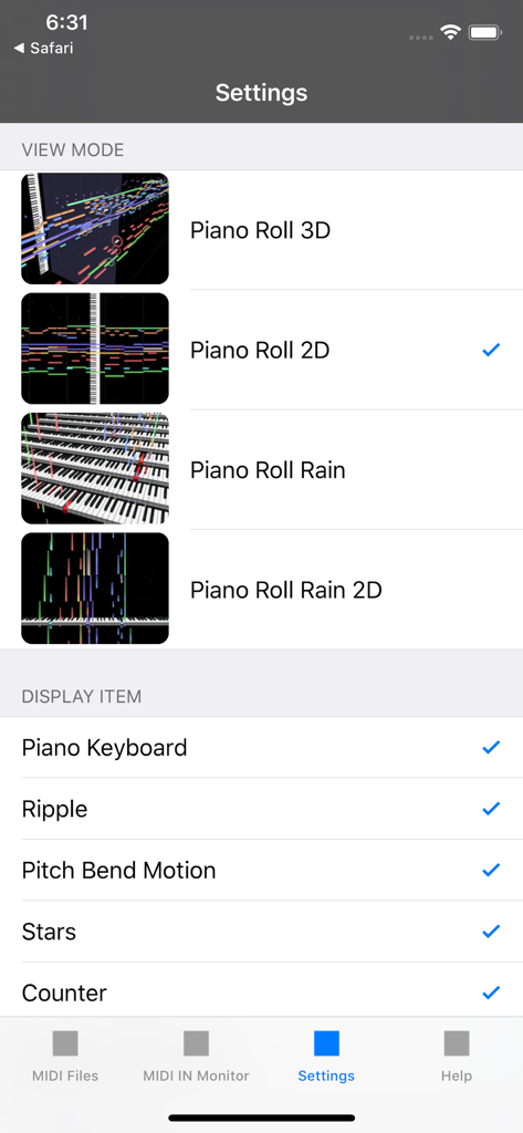 MIDITrail - Settings menu of MIDITrail app showing various 3D and 2D piano roll visualization modes and display options.