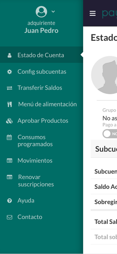 PAYGO - Side navigation menu of the PAYGO app showing options for account status, food menu, and subaccount settings.