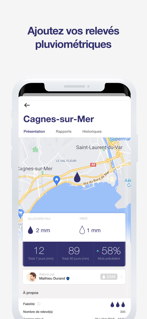 Interface do aplicativo Waterdrop mostrando medições de chuva hiperlocal e mapa interativo