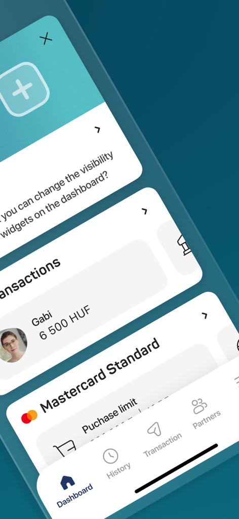 Interfaz de la aplicación MBH Bank que muestra widgets del tablero, historial de transacciones en HUF y límites de compra de Mastercard.