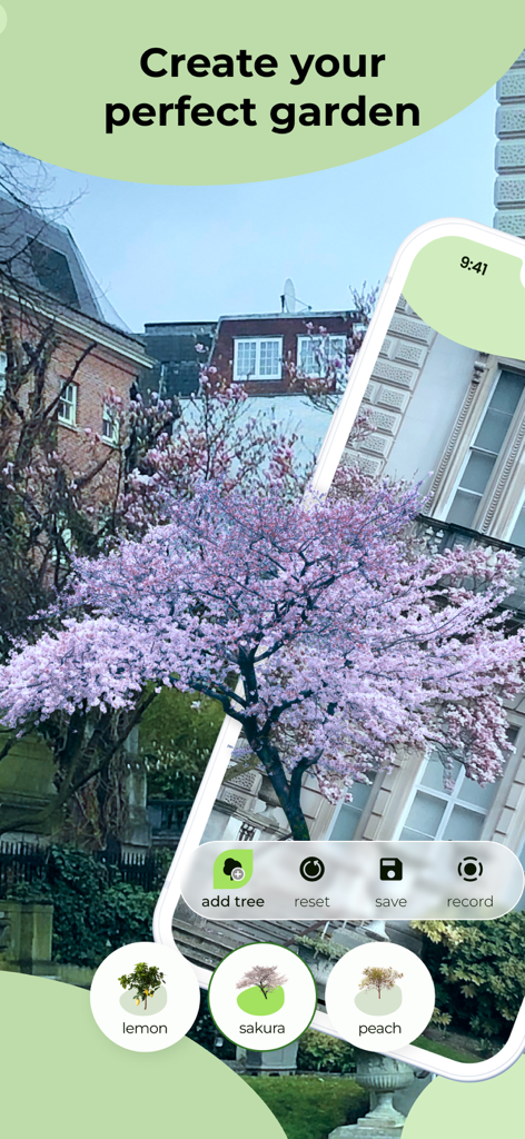 Virtual Garden: Landscaping - Augmented Reality-Ansicht eines rosa Sakura-Baums, der mit der Virtual Garden App in einem Wohnviertel platziert wurde.