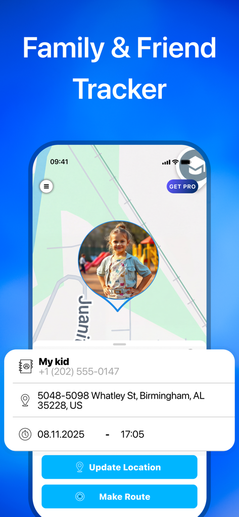Interfaz de la aplicación móvil que muestra la ubicación y dirección en tiempo real de un miembro de la familia en un mapa.