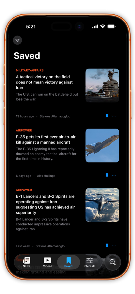 Sandboxx News - The saved articles screen of the Sandboxx News app featuring military defense reports and airpower news