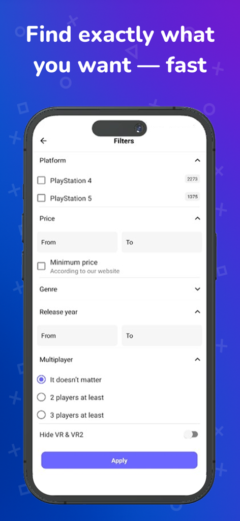 Interfaz que muestra filtros de búsqueda avanzados para juegos de PlayStation por plataforma, precio, género y año de lanzamiento