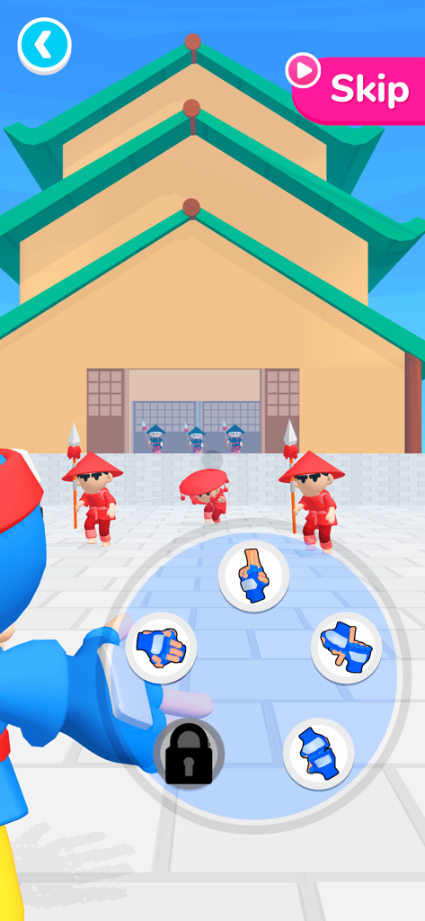 Ninja Hands 2 - Gameplay screenshot of Ninja Hands 2 showing a blue ninja selecting hand signs to attack red enemies in front of a pagoda.