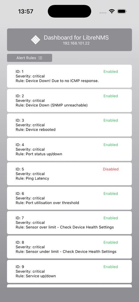 Dashboard for LibreNMS - iPhone screenshot of the Dashboard for LibreNMS app showing a list of network alert rules and their status