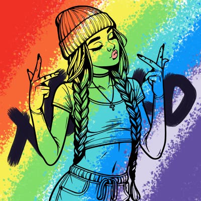 realistic teenage girl with braids and a beanie and crop top doing 🫶🏼