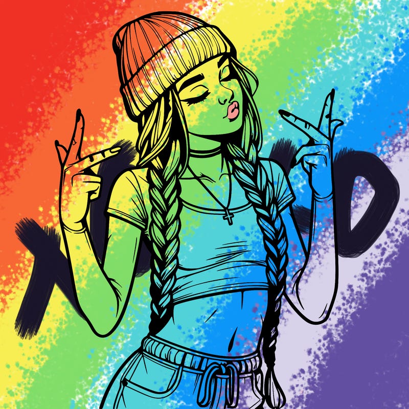 realistic teenage girl with braids and a beanie and crop top doing 🫶🏼