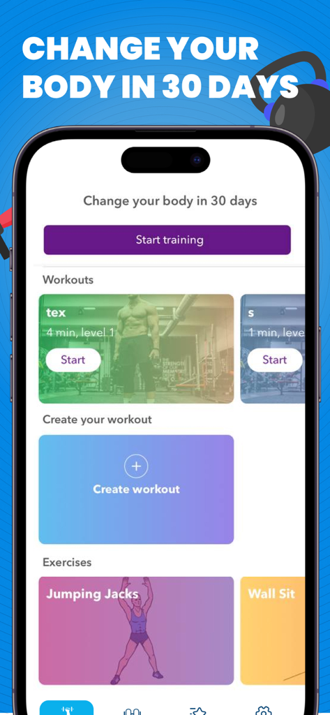 Home workout - muscle builder - A mobile app interface for home workouts featuring a 30 day body transformation plan and various exercises like jumping jacks