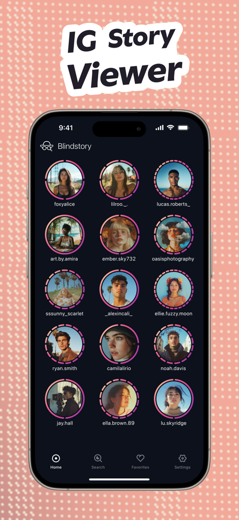 Blindstory｜Story Viewer for IG - Blindstory app home screen showing a grid of Instagram profiles for anonymous story viewing