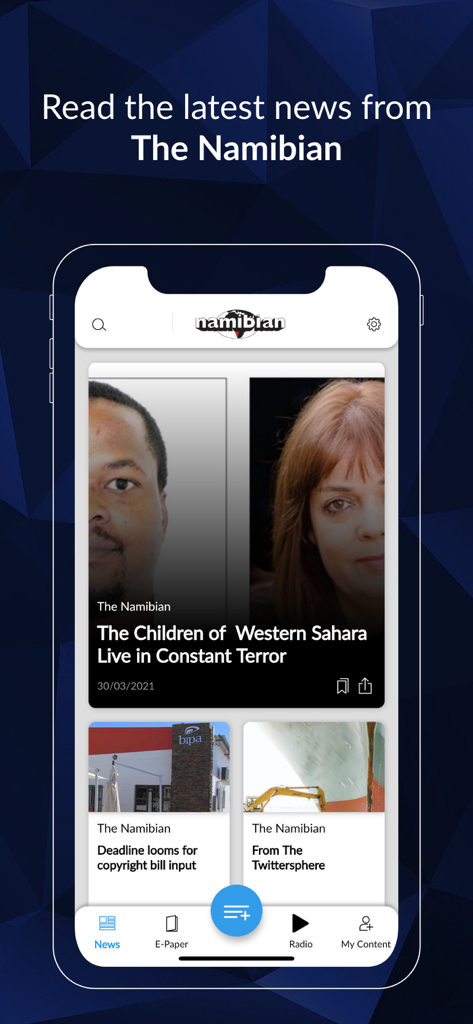 The Namibian news app home screen showing current headlines and navigation menu.