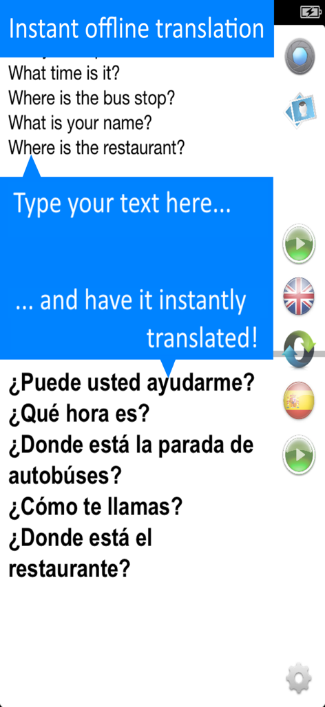 Screenshot of the Offline Translator Pro app displaying English to Spanish text translation