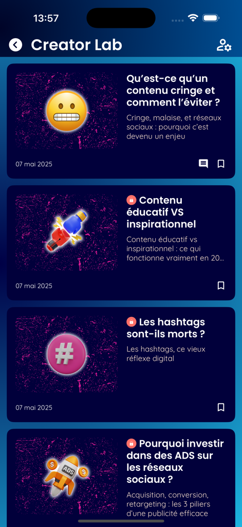 Creator Lab – IA et cours - Liste von Artikeln zur Social-Media-Strategie und Bildungsvideos in der Creator Lab App-Oberfläche