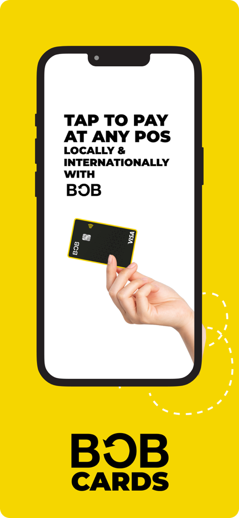 BOB Finance - BOB Finance app feature showing tap to pay with a Visa card at local and international POS terminals.
