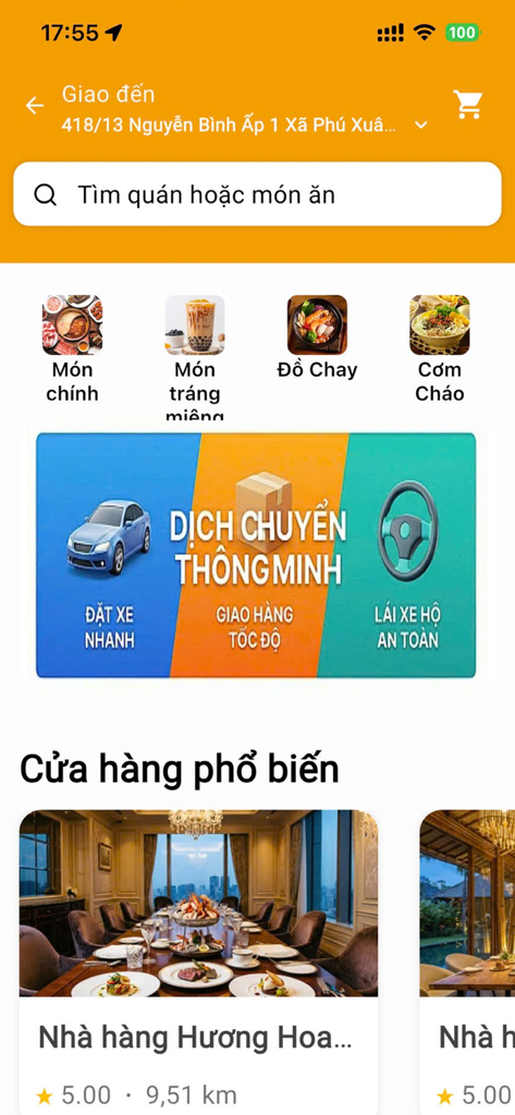 Alo Go - Đặt Food - Gọi Xế - Alo Go app home screen showing food categories and transportation services in Vietnamese