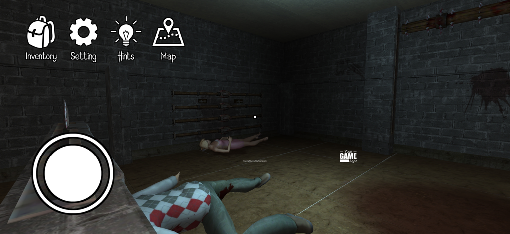 Gameplay screenshot of Horror Clown Scary Escape Game showing a dark basement with unconscious characters to rescue and a mobile game interface