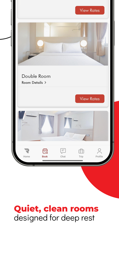 Smartphone interface showing a clean double room option in the Red Planet Hotel app with a View Rates button.