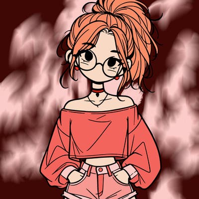 girl with a messy ponytail glasses a baggy crop top and jean shorts