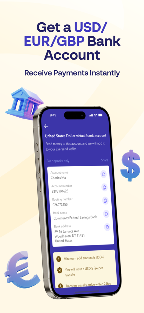 Eversend - the money app - Mobile phone screen showing Eversend virtual bank account details for USD EUR and GBP currencies