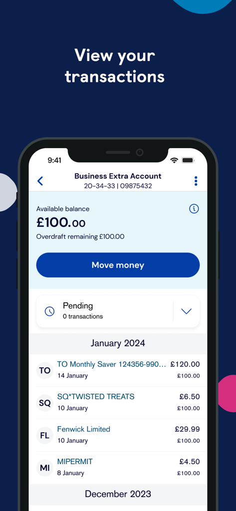 Uma tela de smartphone exibindo uma lista de transações e saldo de conta no aplicativo TSB Business Mobile.