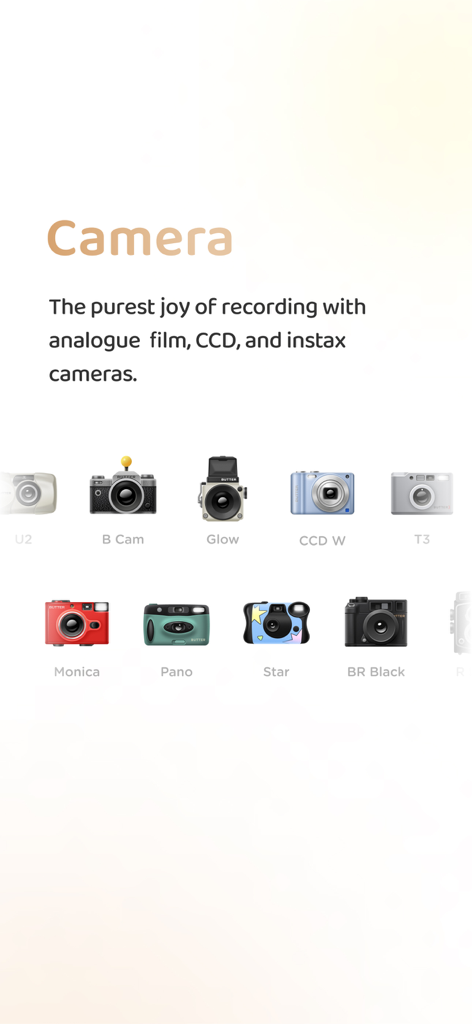 Capture d'écran de l'application Buttercam présentant diverses icônes de simulation de caméras analogiques et CCD vintage