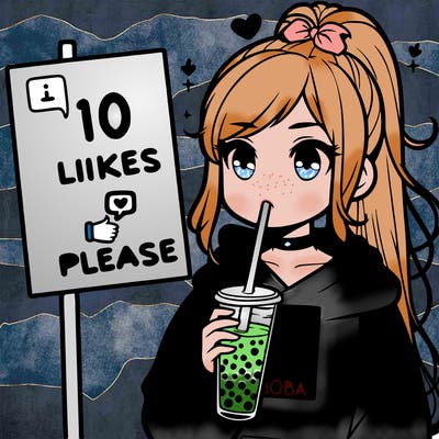 girl with a high ponytail and a hoodie drinking boba staring at a sign saying 10 likes please