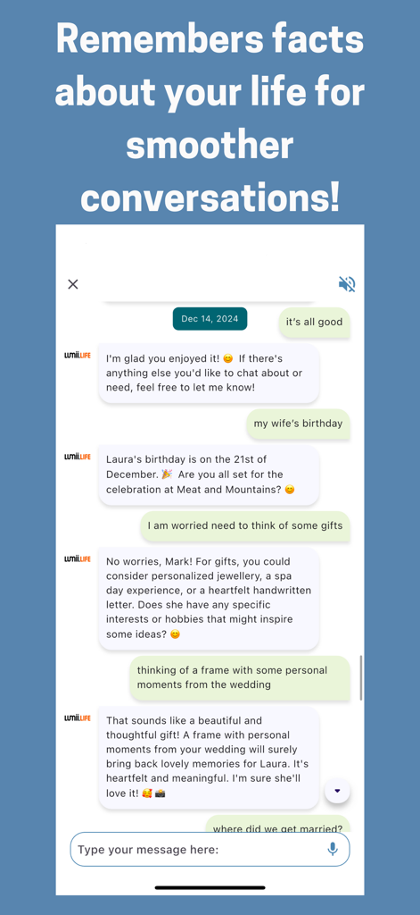 Lumii.life – AI Wellbeing App - Lumii life AI chat interface showing the assistant remembering personal details like a birthday to provide personalized support