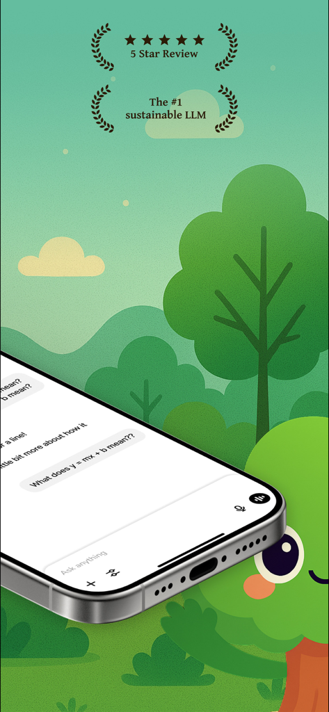 EcoGPT app interface on a smartphone screen against a green forest background with a five star review badge.