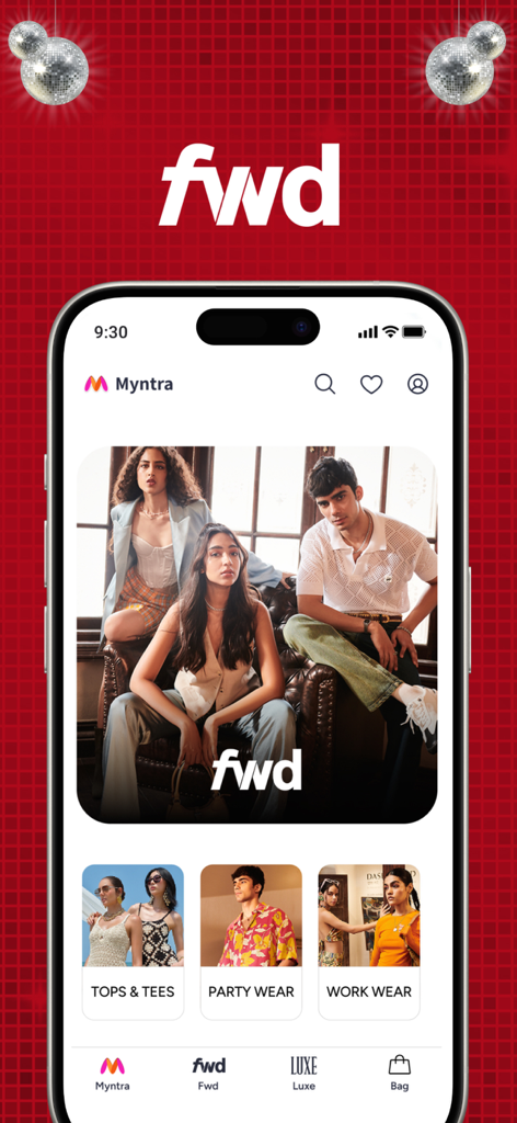 Myntra - Fashion Shopping App - Smartphone mostrando la sección FWD de la aplicación Myntra con categorías de moda de moda como ropa de fiesta y de trabajo
