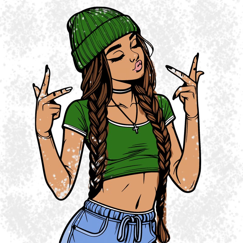 realistic teenage girl with braids and a beanie and crop top doing 🫶🏼