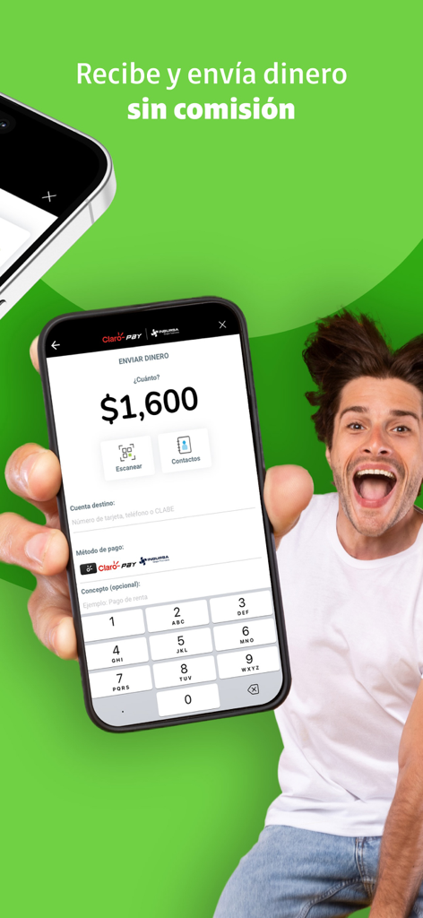 Claro Pay - A man celebrating while using the Claro Pay app to send money with no commissions