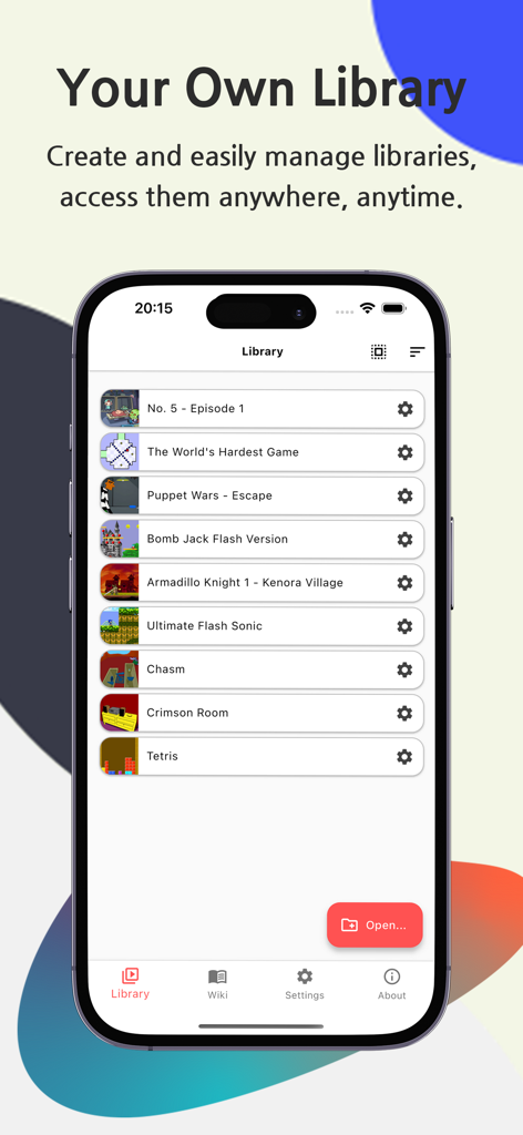 Uma lista de jogos Flash clássicos na biblioteca do aplicativo FlashArch Player em um iPhone