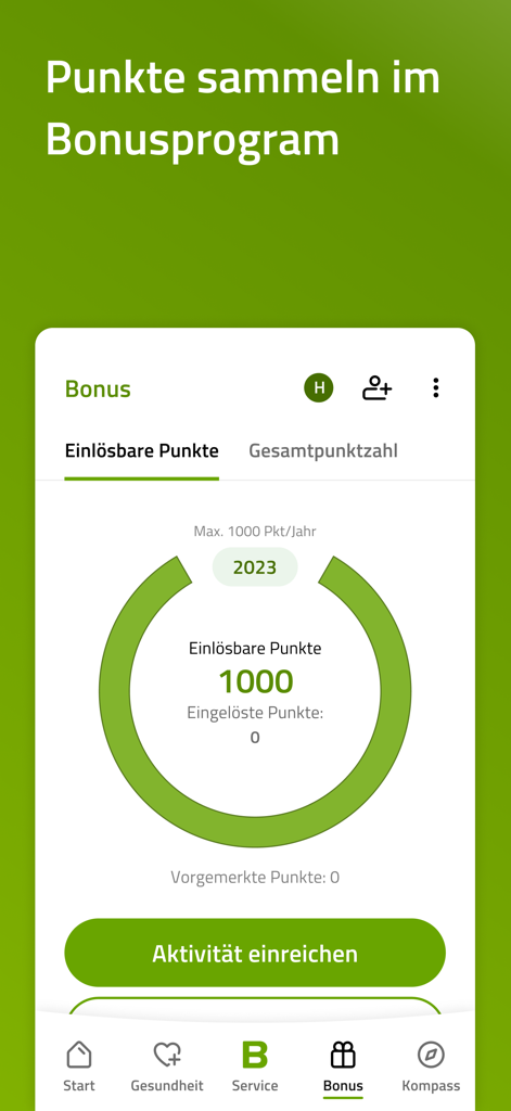 BARMER App Bonusprogramm-Oberfläche mit einlösbaren Punkten und einer Schaltfläche zum Einreichen von Gesundheitsaktivitäten