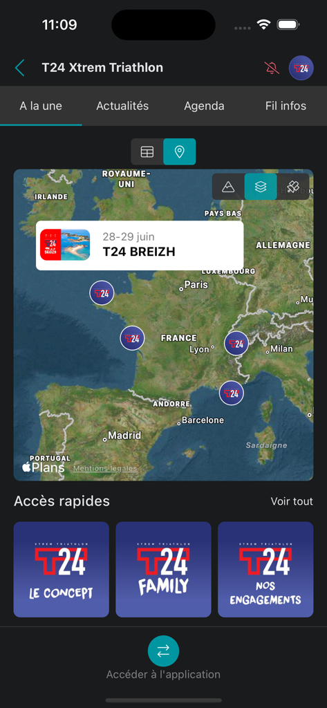 Runify - Runify mobile app interface showing a map of France with triathlon race locations and event navigation tabs.
