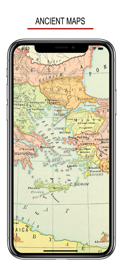 Mobile app screenshot displaying an ancient map of the Aegean Sea region under the heading Ancient Maps.