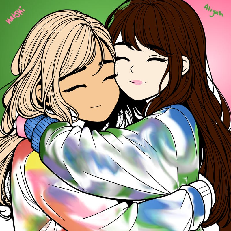 realistic two girls hugging