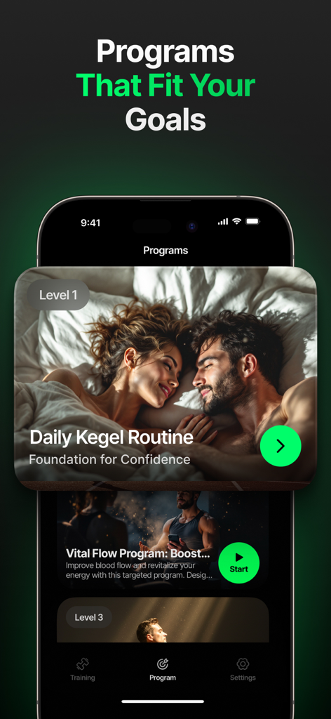 KegelUp: Kegel Trainer for Men - KegelUp-App-Bildschirm mit Beckenbodengesundheitsprogrammen für Männer