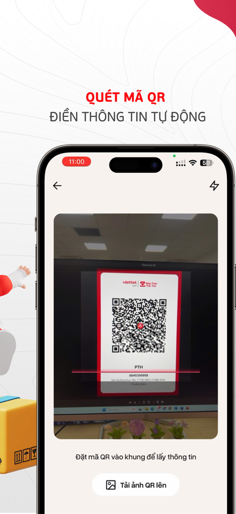 Viettel Post - 자동 데이터 입력을 위한 QR 코드 스캔을 보여주는 Viettel Post 모바일 앱 인터페이스