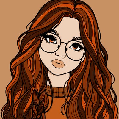 girl with long hair and freckles and glasses realistic