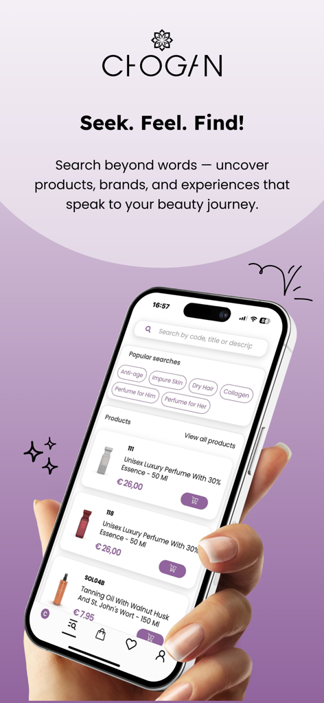 Chogan Group – Official App - Smartphone displaying the Chogan Group app search interface with beauty and wellness product categories