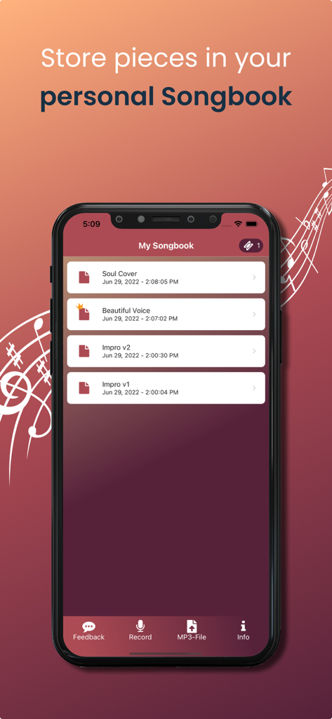 Sing2Notes - List of saved vocal recordings in the Sing2Notes personal songbook interface