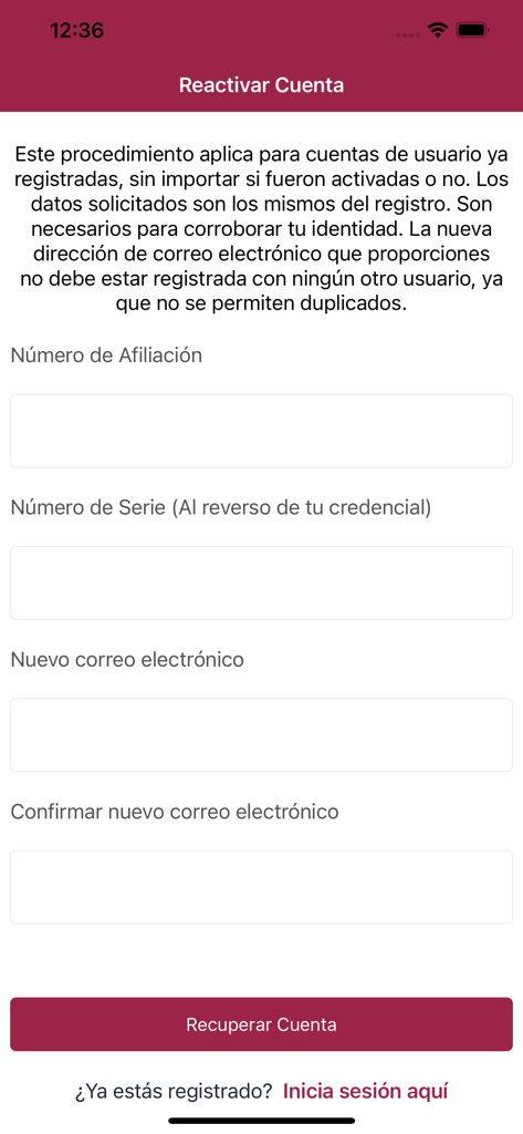 Mi ISSSTECALI - Interface of the Mi ISSSTECALI app showing the account reactivation form with fields for affiliation number and email.