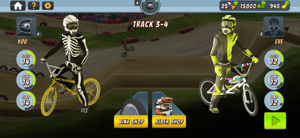 Mad Skills BMX 2: Bike Game - Comparación en paralelo de dos pilotos de BMX personalizados con las estadísticas de sus bicicletas sobre un fondo de pista de carreras