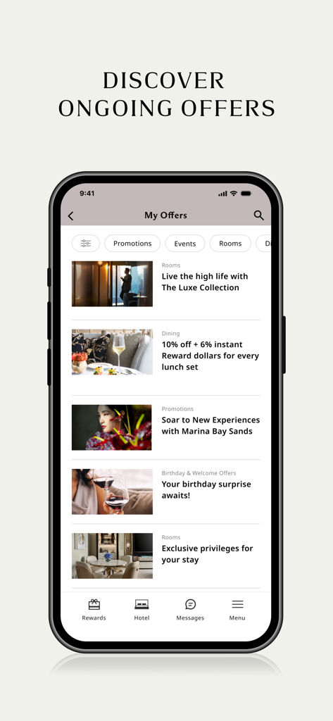 Uno screenshot della pagina My Offers dell'app Marina Bay Sands che mostra varie promozioni per cene, camere e premi.