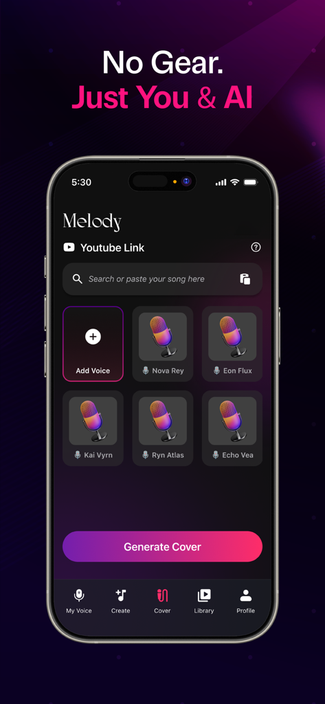 MelodyCraft: AI Song Generator - Interface de l'application MelodyCraft montrant la sélection de voix IA et les options pour générer des reprises de chansons à partir de liens YouTube.