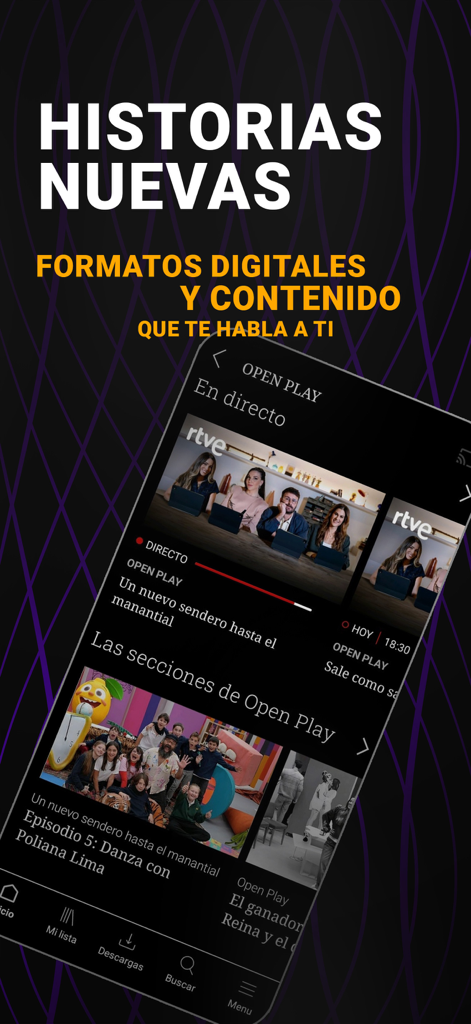 Interface de l'application RTVE Play montrant le streaming en direct et les formats numériques en espagnol.