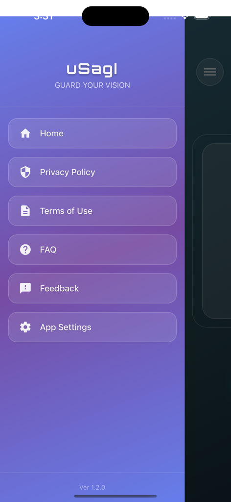 uSagI Eyes Protect - Menú de navegación lateral de la aplicación uSagI Eyes Protect que muestra Inicio, Política de Privacidad y Configuración de la Aplicación