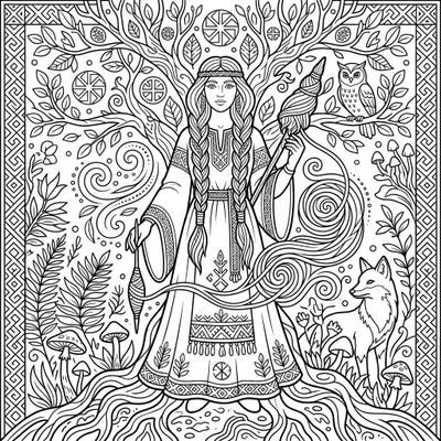 Immerse yourself in the rich tapestry of Slavic paganism with this beautiful coloring page featuring a powerful goddess. Explore ancient symbols and mystical creatures as you bring this scene to life with your favorite colors.